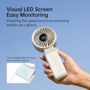 JISULIFE Handheld Fan Life7 – Ultimate Flexibility: High-Power Motor, LED Display, 19.5 Hrs Cooling, 5000mAh Rechargeable, 5-Speed, Foldable Design, 3-IN-1 Portable Fan for Travel Cruise Beach(Grey) - Image 5