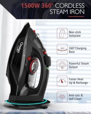 Cordless Iron, 1500W Cordless Iron with Steam - Cordless Iron for Clothes with 11.84oz Water Tank, Anti Drip Iron Cordless with Ceramic Soleplate and 3 Temperature Settings-BLACK - Image 2