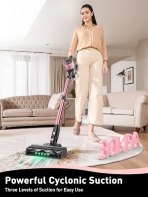Cordless Vacuum Cleaner, 8 in 1 Powerful Suction Lightweight Vacuum Cleaner for Home, LED Display, 3 Suction Modes, 45Mins Detachable Battery Vacuum for Hard Floor Carpet Pet Hair, Pink - Image 2