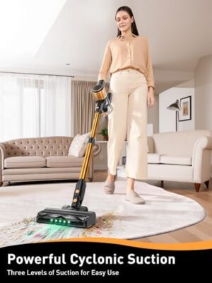 Cordless Vacuum Cleaner, 8 in 1 Powerful Suction Lightweight Vacuum Cleaner for Home, LED Display, 3 Suction Modes, 45Mins Detachable Battery Vacuum for Hard Floor Carpet Pet Hair, Golden - Image 2