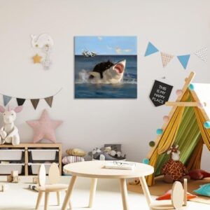 Yaneiro Framed Black Cat Wall Art, Funny Quirky Cat and Shark Pictures Canvas Print, Abstract Black Cat Shark Posters Wall Decor for Room Bedroom Living Room Bathroom 20x20 inch - Image 6