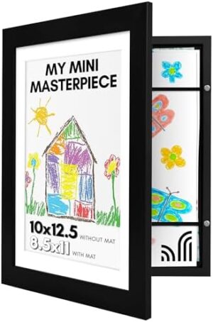 Americanflat 10x12.5 Kids Art Frame - Front Loading Picture Frames Hold 100 Artworks - Use as 8.5x11 Frame with Mat or Display 10x12.5 Artwork Without Mat - My Mini Masterpiece - Black