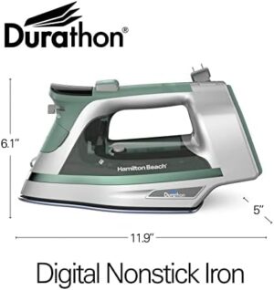 Hamilton Beach Steam Iron & Vertical Steamer for Clothes with Scratch-Resistant Durathon Soleplate, Digital Fabric Selector + 8’ Retractable Cord, 3-Way Auto Shutoff, Anti-Drip, 1800 Watts, Green - Image 8