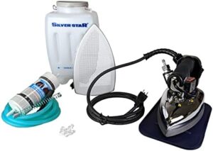 Silver Star ES-85AF Steam Iron – 110 Volt Gravity Fed Hanging Bottle Clothes Iron with Non-Stick Laminate Sole Plate, Demineralizer Cartridge, Silicon Iron Rest & Hardware
