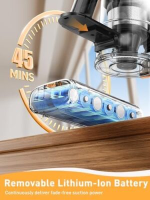 Cordless Vacuum Cleaner, 8-in-1 Powerful Stick Vacuum with Upgraded Green LED Light, Anti-Tangle Brush, 40min Runtime, Lightweight Rechargeable Vacuum for Home (Orange) - Image 7