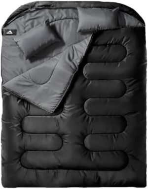 MEREZA Double Sleeping Bag for Adults Mens with Pillow, XL Queen Size Two Person Sleeping Bag for All Season Camping Hiking Backpacking 2 Person Sleeping Bags for Cold Weather & Warm