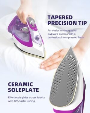 Steam Iron for Clothes, 1750W with Rapid Heating Ceramic Coated Soleplate, Clothing Iron with Adjustable Precise Thermostat Dial, Self-Cleaning, Auto-Off, 15.21oz Water Tank for Daily Ironing Use, PURPLE - Image 2