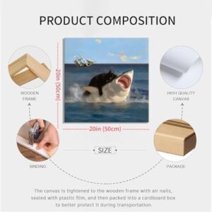 Yaneiro Framed Black Cat Wall Art, Funny Quirky Cat and Shark Pictures Canvas Print, Abstract Black Cat Shark Posters Wall Decor for Room Bedroom Living Room Bathroom 20x20 inch - Image 5