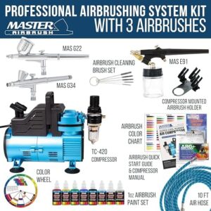 Master Airbrush Cool Runner Dual Fan Air Compressor Professional Airbrushing System Kit with 3 Airbrushes, Gravity & Siphon Feed - 6 Primary Opaque Colors Acrylic Paint Artist Set, Hose & Holder - Image 2