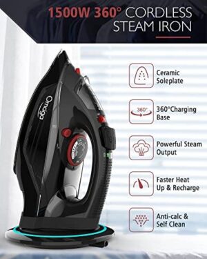 [2023 UPGRADE] OMAIGA Cordless Iron, 1500W Cordless Iron with Steam for Clothes with 11.84oz Water Tank, Anti Drip Iron Cordless with Ceramic Soleplate, Iron for Clothes with 3 Temperature Settings-BLACK - Image 2