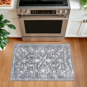 KILOCOCO Moroccan Small Area Rug 2x3 Entryway Rugs Printed Vintage Floral Washable Rug Non-Slip Kitchen Rug Indoor Door Mat, Accent Throw Small Rugs for Laundry Room Bedroom Entrance, Grey - Image 2