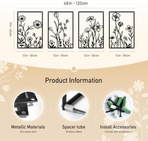 Sokurdeg Black Metal Flowers Wall Decor, Minimalist Floral Wall Hanging Art, Black Abstract Line Wall Art Sculptures for Bedroom Bathroom Living Room (4 Pcs, 12 x 17 in) - Image 3