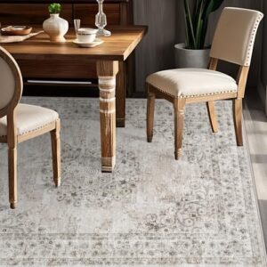 Area Rug 6x9 Vintage Rug: Washable Indoor Medallion Rugs Low Pile Distressed Floor Carpet Retro Accent Rug for Living Room Bedroom Kitchen Dining Table Home Office(Distressed Taupe, 6'x9') - Image 3