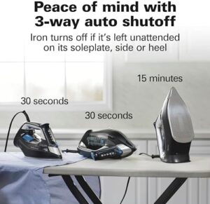 Hamilton Beach Steam Iron for Clothes & Garment Steamer with Intuitive FabricIQ Touchpad, Durable Stainless Steel Soleplate, 3-Way Auto Shutoff, 1800 Watts, 350ml Water Tank, 10' Cord, Black (14950) - Image 6