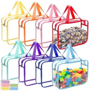 8 Packs 8 Colors Large Toy Storage Bags with Zipper and Labels, Clear PVC Waterproof Toy Organizers Bags for Board Games, Puzzles Pieces, Building Blocks, Handmade Accessories, Kid Books