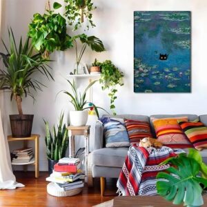 Monet Wall Art Set of 3 - Funny Cat in Water Lilies Canvas Paintings Prints, Garden Flowers Black Cat Aesthetic Pictures for Room Bedroom Living Room Bathroom 12x16 Framed - Image 8