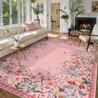 Wonnitar Washable Pink Floral 9x12 Rugs for Bedroom, Non-Slip Living Room Area Rug, Cute Nursery Large Botanical Area Rug, Soft Floor Carpet for Playroom Closet (Pink,9'x12')
