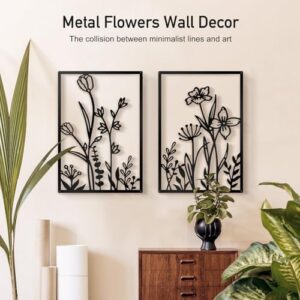 Sokurdeg Black Metal Flowers Wall Decor, Minimalist Floral Wall Hanging Art, Black Abstract Line Wall Art Sculptures for Bedroom Bathroom Living Room (4 Pcs, 12 x 17 in) - Image 2
