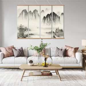 Landscape Painting,Chinese Ancient Architecture Posters and Prints,traditional Ink Decor,Wall Art Black and White for Living Room Bedroom,4 Piece Set Fixed Wooden Hanging Scroll (landscape, 12”x36”x4piece) - Image 7