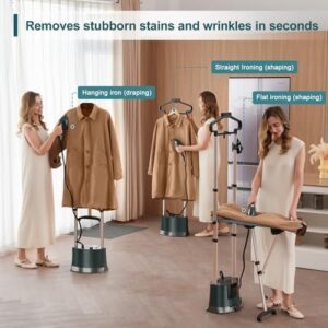 Standing Garment Steamer 1500W Professional Steamer for Clothes 25s Fast Heat-up with 1.6L/54 fl.oz Water Tank, Foldable Ironing Board, Garment Hanger, Ironing Gloves (Green) - Image 3
