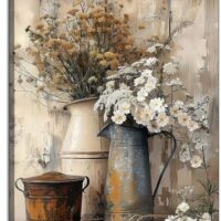 Farmhouse Rustic Daisy Canvas Wall Art Vintage Country Floral Posters Print White Jasmine Flowers and Rust Color Watering Can Wall Decor Picture for Living Room Bedroom Bathroom Decoration