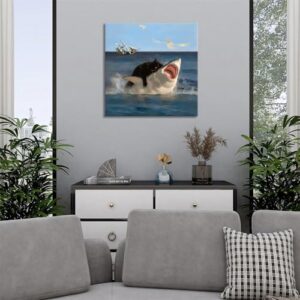 Yaneiro Framed Black Cat Wall Art, Funny Quirky Cat and Shark Pictures Canvas Print, Abstract Black Cat Shark Posters Wall Decor for Room Bedroom Living Room Bathroom 20x20 inch - Image 4