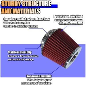 Universal Clamp-On Air Intake Filter, High Flow Closed-Top Cool Air Filter Cleaner, 76 89 102MM Performance Round Tapered Cone Air Filters, Washable Replacement Filter for Car Truck (Red) - Image 3