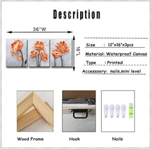 Derkymo 3 Panels Elegant Poppy Wall Painting Orange Flower Canvas Wall Art Pictures of Poppy Flowers for Home Decoration Stretched and Framed Easy to Hang 12"x16"x3pcs - Image 5