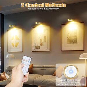 3Pcs Battery Operated Picture Light, Magnetic Led Painting Light with Remote Dimmable and Timer, 3 Lighting Modes Art Display Light for Picture Frame Paintings, Wireless Wall Decor Puck Lights, Gold - Image 4