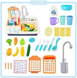 BOBXIN Play Sink with Running Water, Kids Play Kitchen Toy Sink Electric Dishwasher, Pretend Role Play Kitchen Toys Set with Upgraded Working Faucet and Dishes Playset for Girls, Toddler and Boys - Image 7