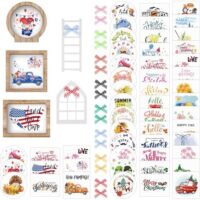 Bencailor 48 Pcs Interchangeable Seasonal Farmhouse Tiered Tray Decor Set Include Wood Frames with Ladders Cards Bow Knot,Tray Not Included(Year Round Seasonal)