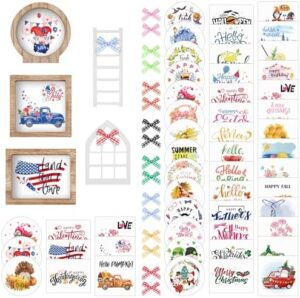 Bencailor 48 Pcs Interchangeable Seasonal Farmhouse Tiered Tray Decor Set Include Wood Frames with Ladders Cards Bow Knot,Tray Not Included(Year Round Seasonal)