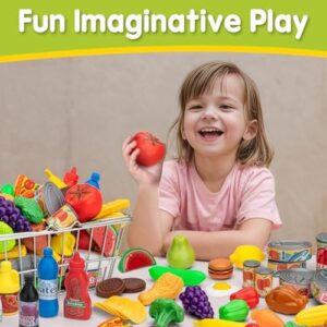 55 Pcs Grocery Store Pretend Play Food Set with Shopping Basket for Kids Toddlers 1-3 4-8, Kids Play Kitchen Accessories Plastic Fake Food Fruits and Vegetables Can Toy Gifts for Boys Girls - Image 6