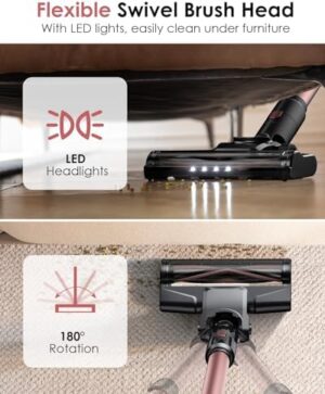 V8PRO Cordless Vacuum Cleaner for Home - 25Kpa Stick Vacuum with Self Standing Design, Max 35Min Runtime, 6 in 1 Lightweight Vacuum for Hardwood Floors and Carpet Pet Hair (Champagne) - Image 7