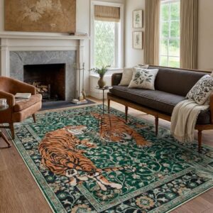 Moynesa Tiger 6x9 Area Rugs for Living Room, Boho Botanical Washable Dining Room Rug Non Slip Large Green Bedroom Rug, Ultra Thin Vintage Soft Indoor Floor Carpet for Home Office Entrance - Image 7