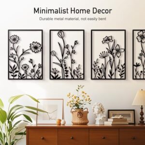 Sokurdeg Black Metal Flowers Wall Decor, Minimalist Floral Wall Hanging Art, Black Abstract Line Wall Art Sculptures for Bedroom Bathroom Living Room (4 Pcs, 12 x 17 in) - Image 5