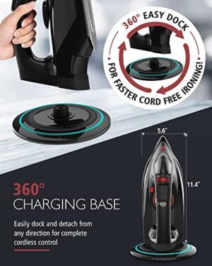Cordless Iron, 1500W Cordless Iron with Steam - Cordless Iron for Clothes with 11.84oz Water Tank, Anti Drip Iron Cordless with Ceramic Soleplate and 3 Temperature Settings-BLACK - Image 3