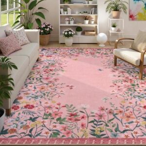 Wonnitar Washable Pink Floral 9x12 Rugs for Bedroom, Non-Slip Living Room Area Rug, Cute Nursery Large Botanical Area Rug, Soft Floor Carpet for Playroom Closet (Pink,9'x12') - Image 6