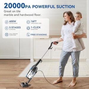 Corded Stick Vacuum Cleaner, 20000pa Powerful Suction Stick Vacuum with 16Ft Cord, 2 in 1 Lightweight Vacuum Cleaner for Hard Floor Pet Hair - Blue - Image 2