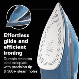 Hamilton Beach Steam Iron for Clothes & Garment Steamer with Durable Stainless Steel Soleplate, 1700 Watts for Ultra-Fast Heat, 8’ Retractable Cord, Auto Shutoff, 350 ml Water Tank, Blue (14216) - Image 2