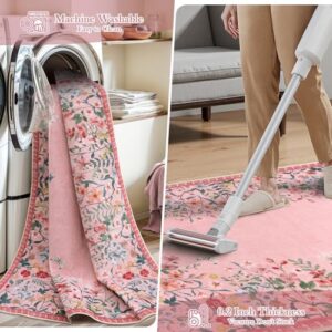 Wonnitar Washable Pink Floral 9x12 Rugs for Bedroom, Non-Slip Living Room Area Rug, Cute Nursery Large Botanical Area Rug, Soft Floor Carpet for Playroom Closet (Pink,9'x12') - Image 4