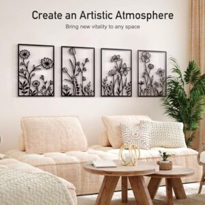 Sokurdeg Black Metal Flowers Wall Decor, Minimalist Floral Wall Hanging Art, Black Abstract Line Wall Art Sculptures for Bedroom Bathroom Living Room (4 Pcs, 12 x 17 in) - Image 6