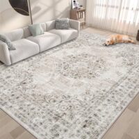 Area Rug 6x9 Vintage Rug: Washable Indoor Medallion Rugs Low Pile Distressed Floor Carpet Retro Accent Rug for Living Room Bedroom Kitchen Dining Table Home Office(Distressed Taupe, 6'x9')