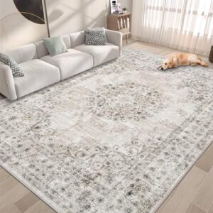 Area Rug 6x9 Vintage Rug: Washable Indoor Medallion Rugs Low Pile Distressed Floor Carpet Retro Accent Rug for Living Room Bedroom Kitchen Dining Table Home Office(Distressed Taupe, 6'x9')