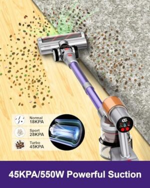 Cordless Vacuum Cleaner with 45Kpa 550W, 60 Mins Runtime Stick Vac with Anti-Tangle Design, Self-Standing, LED Screen, Lightweight Vacuum Cleaners for Home, Pet Hair, Carpet and Hardwood Floor - Image 3