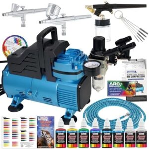 Master Airbrush Cool Runner Dual Fan Air Compressor Professional Airbrushing System Kit with 3 Airbrushes, Gravity & Siphon Feed - 6 Primary Opaque Colors Acrylic Paint Artist Set, Hose & Holder