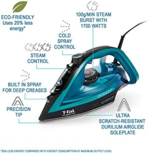 T-Fal Ultraglide Steam Iron for Clothes Durilium Soleplate, Precision Tip, Anti-Drip, Auto-Off 1800 Watts Ironing, Steaming FV5841U0 - Image 2