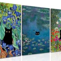 Monet Wall Art Set of 3 - Funny Cat in Water Lilies Canvas Paintings Prints, Garden Flowers Black Cat Aesthetic Pictures for Room Bedroom Living Room Bathroom 12x16 Framed