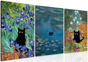 Monet Wall Art Set of 3 - Funny Cat in Water Lilies Canvas Paintings Prints, Garden Flowers Black Cat Aesthetic Pictures for Room Bedroom Living Room Bathroom 12x16 Framed