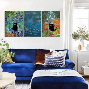 Monet Wall Art Set of 3 - Funny Cat in Water Lilies Canvas Paintings Prints, Garden Flowers Black Cat Aesthetic Pictures for Room Bedroom Living Room Bathroom 12x16 Framed - Image 6